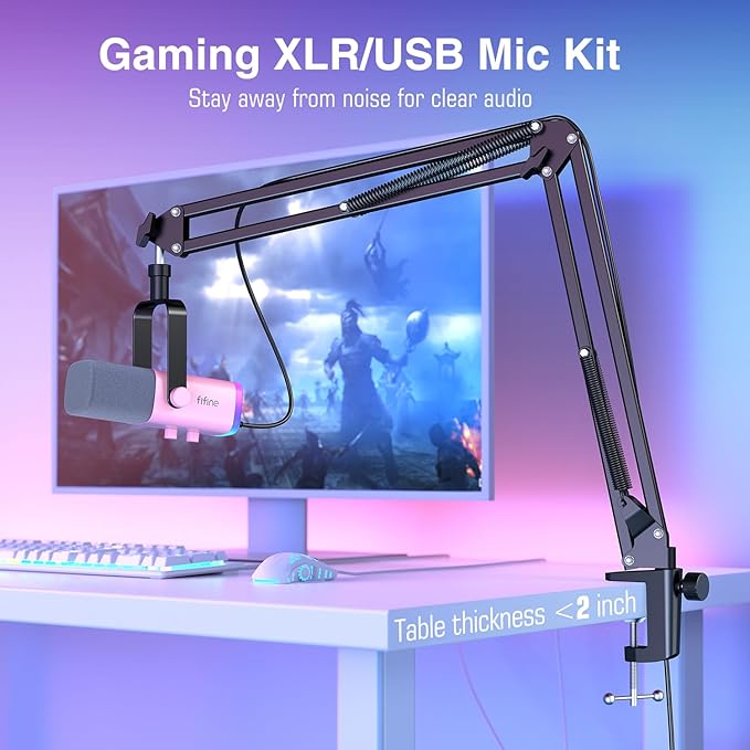 FIFINE XLR Gaming Microphone USB, PC Dynamic Microphone Kit for Vocal, Recording, Podcast, Streaming RGB Mic with Headphone Jack, Mute Button, Boom Arm Stand for Computer/Mixer-AmpliGame AM8T Pink