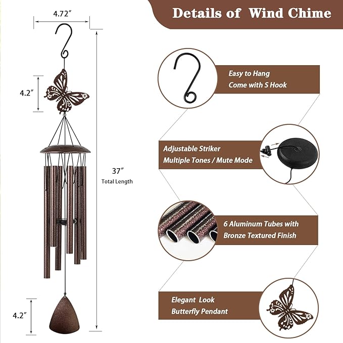 Wind Chimes Outdoor, 37" Butterfly Wind Chimes for Outside Garden Patio Yard Decor, Deep Tone Windchimes for Mom Women Grandma Wife, Gifts for Christmas, Mother's Day, Birthday