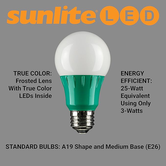 Sunlite 40451 LED A19 Colored Light Bulb, 3 Watts (25w Equivalent), E26 Medium Base, Non-Dimmable, UL Listed, Party Decoration, Holiday Lighting, 3 Count, Green