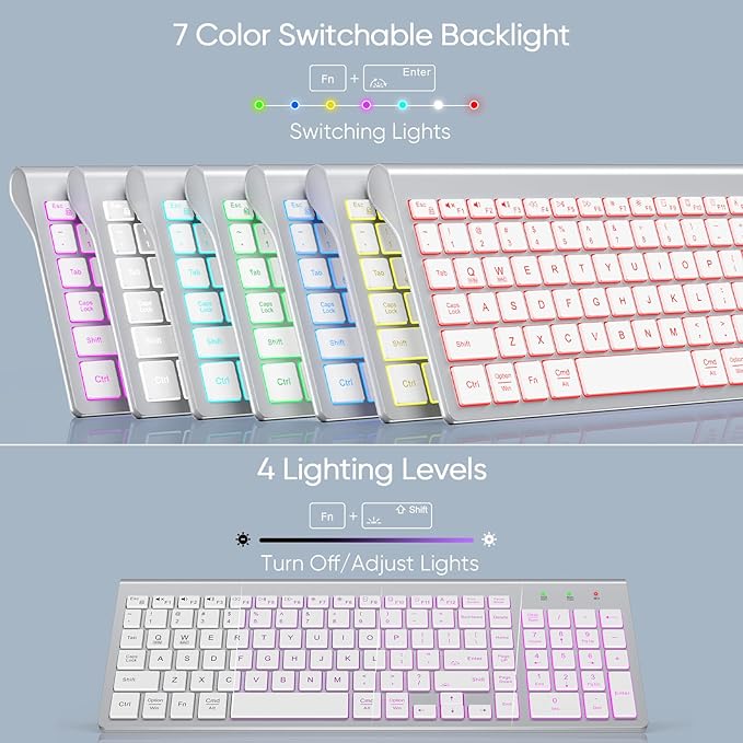 SABLUTE Wireless Keyboard with 7 Colored Backlits, Rechargeable Silent Compact Cordless Computer Keyboard with Low Profile Quiet Light Up Keys for Windows, PC, Linux, Chrome, Mac (Silver)