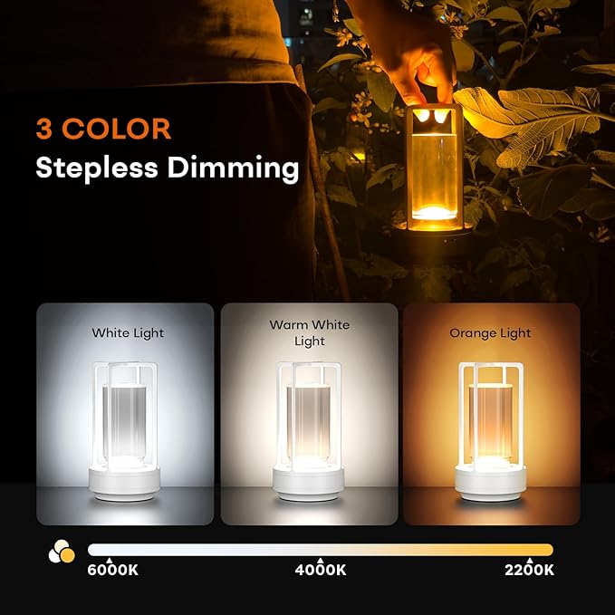 Portable Outdoor Table Lamp, Cordless Dimmable Touch Table Light, Rechargeable Battery Operated Small Lamp with 3 Colors and Brightness Control for Bedroom/Patio/Camping/Bar/Coffee Shop (White)