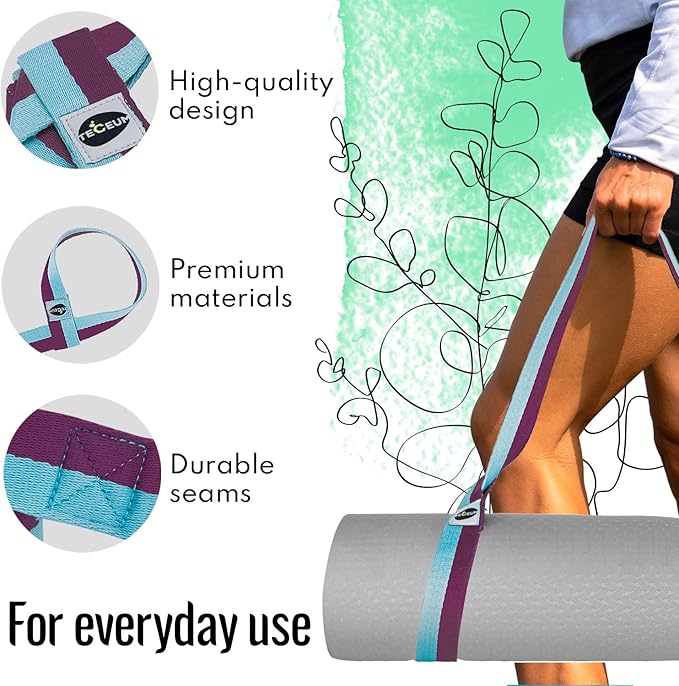 TECEUM Yoga Mat Strap – 30+ Colors – Adjustable Mat Holder Sling Carrier for All Mats [Mat Not Included]