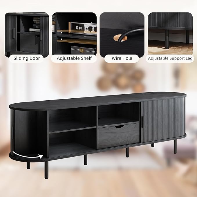 69" Mid-Century TV Stand with Power Outlet, Fluted Entertainment Center with Storage Drawer, TV Console with Sliding Door and Adjustable Shelves, TV Stand up to 80" for Living Room, Bedroom, Black
