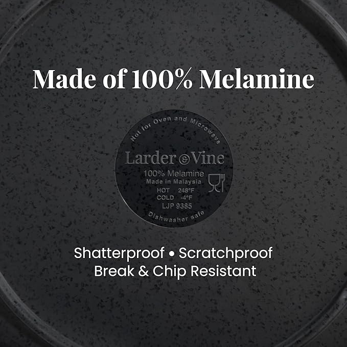 Larder & Vine 12-Piece Melamine Dinnerware Set: Durable, Lightweight, Break-Resistant Plates & Bowls – Stylish, Non-Toxic, Dishwasher Safe – Ideal for Everyday Use, Indoor & Outdoor Dining – Black
