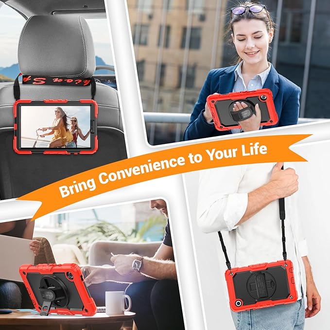 SEYMAC for Samsung Galaxy Tab A9 Case 8.7 Inch 2023 (SM-X110/X115/X117), Heavy Duty Shockproof Protective Case with Screen Protector, Rotating Stand, Hand/Shoulder Strap and Pen Holder, Red