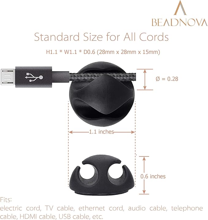 BEADNOVA Cable Clips Cord Organizer Cable Management Wire Cord Holder 2 Slots Adhesive Wire Holder for Car Charging Accessory PC Office Home (Black, 8 pcs)