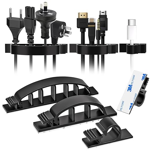 XHF 30pcs Adhesive Cable Wire Clips Kit Black, Outdoor Cable Management Wire Organizer Cord Holder for Under Desk, Car, Wall, TV PC Ethernet Cable