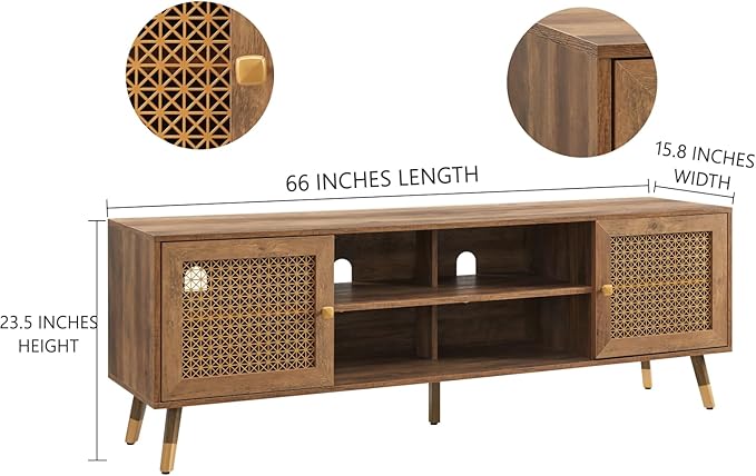 66 Inch TV Stand for 70 Inch TVs, Mid Century Modern Media Console, Long Entertainment Center with Storage Cabinet, Oak Wood Grain Finish for Rustic & Farmhoue Living Room Decor