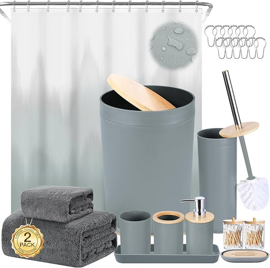 iMucci Bathroom Accessories Bathroom Sets with Shower Curtain, Bath Towel Set, Trash Can, Toilet Brush, Soap Dispenser, Bathroom Accessories Set Complete