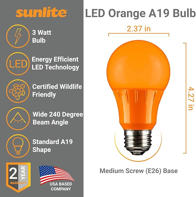 Sunlite 40470 LED A19 Colored Light Bulb, 3 Watts (25w Equivalent), E26 Medium Base, Non-Dimmable, UL Listed, Party Decoration, Holiday Lighting, 6 Count, Orange