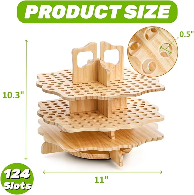 Peohud Wooden Pen Holder, 124 Slots Rotating Pencil Display Stand, Portable Paint Brush Organizer for Colored Pencils, Watercolor Brushes, Art Brushes, Office, Desktop