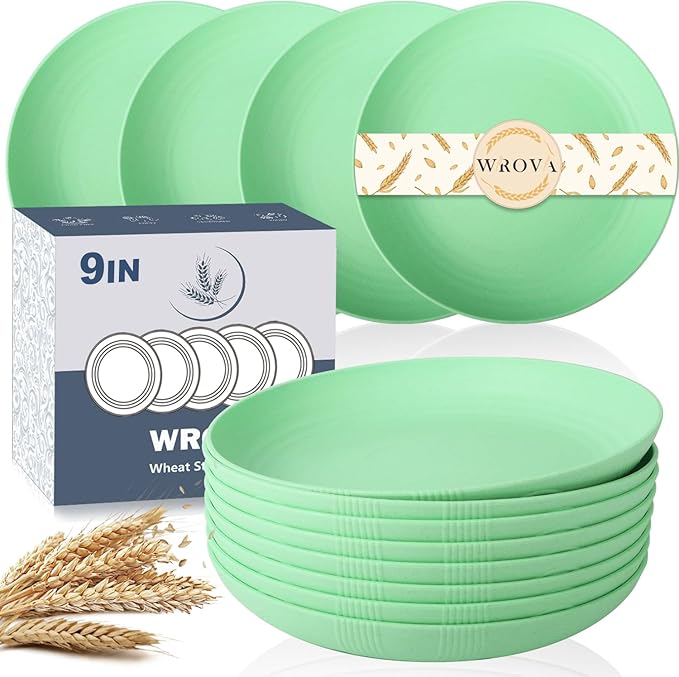 Wheat Straw Plates - 9 Inch Unbreakable Dinner Plates Set of 8 - Dishwasher & Microwave Safe Plastic Plates Reusable for Kitchen and Camping (Light Green)