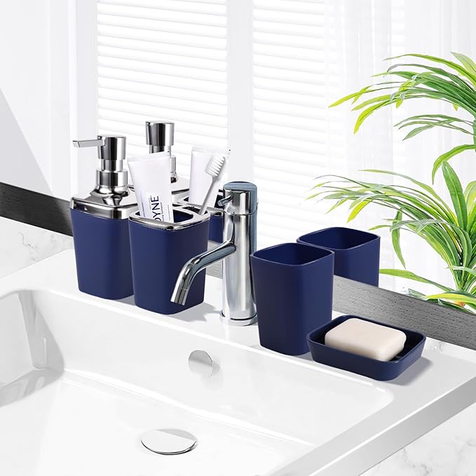 Navy Blue Bathroom Accessories Set, 9-Piece Plastic Gift Set with Trash Can, Toothbrush Holder, Toothbrush Cup, Soap Dispenser, Soap Dish, Toilet Brush Holder,2 Qtip Holder Dispensers and Tray