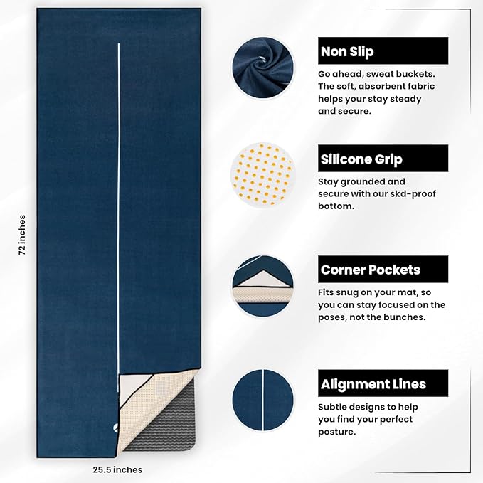 Yoga Grip Yoga Towel - Non Slip Hot Yoga Mat Towel With Corner Pockets, No-Skid Grip, and Built-in Alignment Lines | Soft, Moisture Wicking, and Sweat Absorbent | No Bunching, Stays in Place 72" x 25"