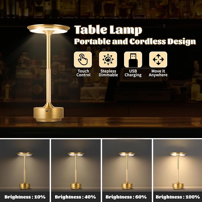 Rechargeable Cordless LED Table Lamps Touch Sensor Light, 3-Levels Portable Dimming Wireless Battery Operated Lamp，Nightstand Lamp/Night Light/Restaurant Table/Outdoor/Coffee/Bar (Gold)