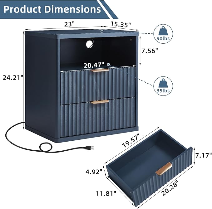 LEYAOYAO Fluted Nightstand with Charging Station, 23" Wide 2 Drawers End Table,Night Stand with Open Storage Cabinet, Farmhouse Bed Side Tables, Wood Dresser for Bedroom, Living Room, Closet, Blue