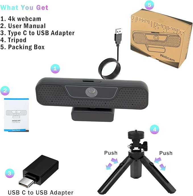 Akyta 4K Webcam with 4 Noise-Canceling Microphones-Privacy Cover-Tripod, AutoFocus Computer Web Camera for Desktop, 4K USB C Webcam for PC/Laptop/Desktop Computer/Teams/Zoom/YouTube Streaming