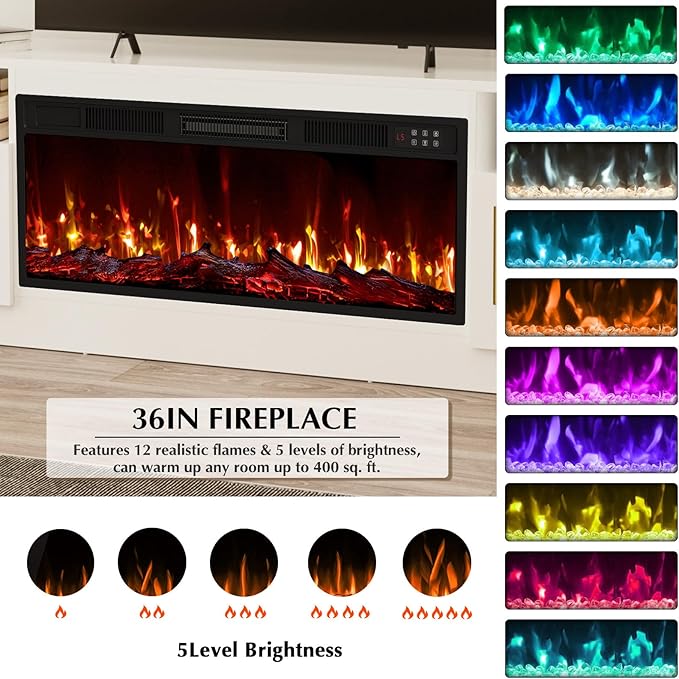 Lemberi Fireplace tv Stand with 36 inch Fireplace Up to 80" TVs,LED Light Entertainment Center and Storage, 70" Modern Wood Media TV Console with Highlight Cabinet for Living Room (White)