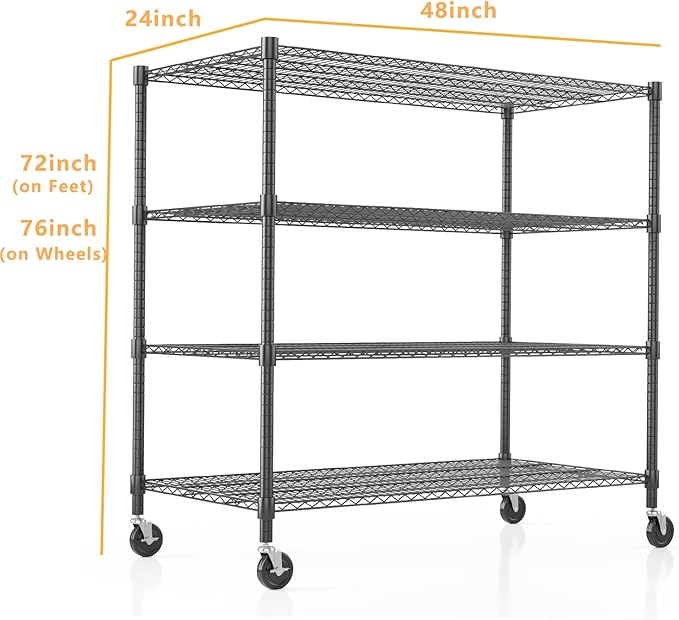 Himimi 4 Tier Wire Shelving with Wheels Heavy Duty Height Adjustable Metal Shelves for Storage, Commercial Grade Steel Utility Wire Rack for Kitchen Garage Pantry Organization-24×48×72, Black