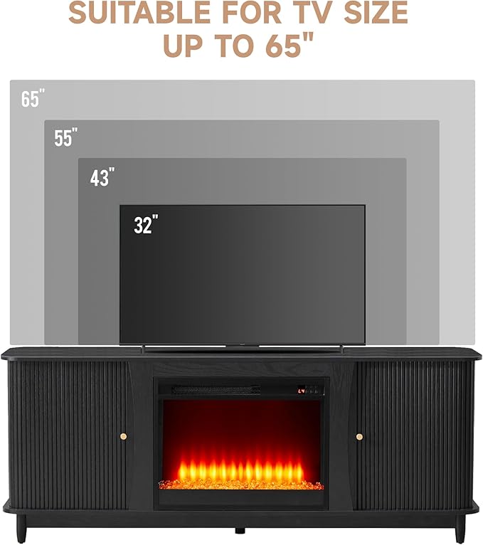 Fireplace TV Stand, Fluted TV Stand with Storage and Sliding Door, Farmhouse Entertainment Center Media Console Table for Living Room (Black)