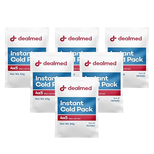 Dealmed Instant Cold Pack – Pack of 6, 4" x 5" Disposable Cold Packs for Injuries, Swelling, Sprains, Muscle Soreness and More, No Refrigeration Single Squeeze Activation