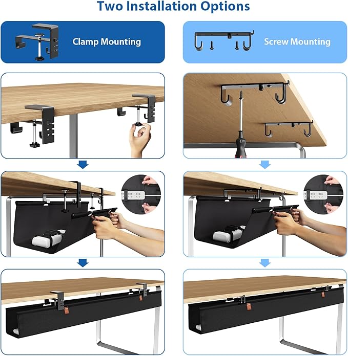 Zilink No Dril Under Desk Cable Management Tray 40" Cord Organizer for Table Clamp/Screw Mount Premium Fabric Cable Management Tray for Home Office Gaming Desk