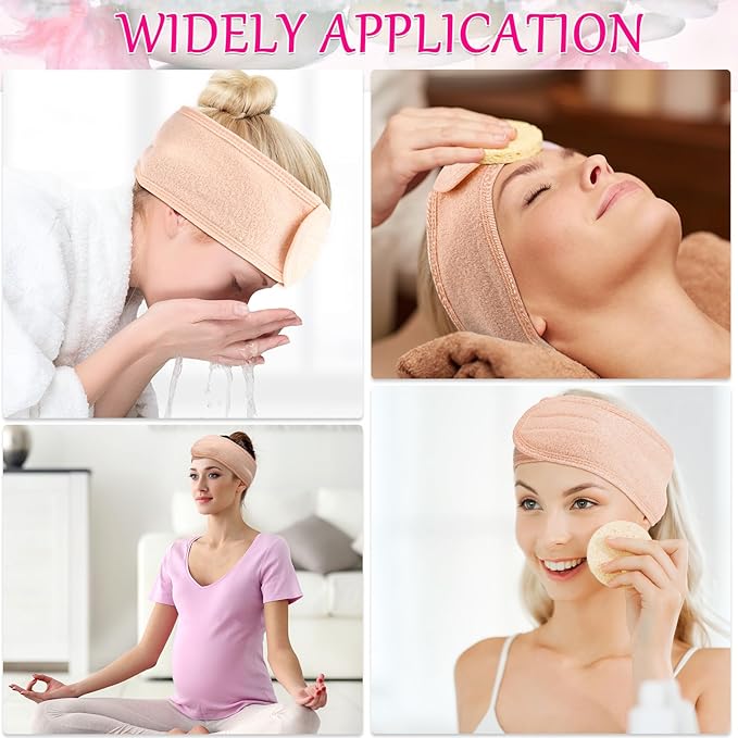 Hoteam 30 Pack Spa Headband Facial Esthetician Hair Wrap for Women Adjustable Makeup Sports Shower Stretch Towel with Tape(Light Pink)