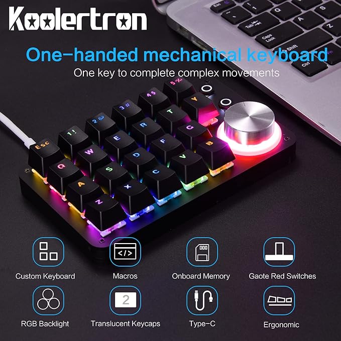Koolertron 24 Keys Programmable Keyboard，One Handed Macro Mechanical Keyboard, RGB LED Backlight Red Switch USB Portable Keyboard with Fully Knobs, 24 Keys Macro Pad for Gaming