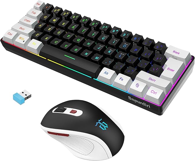 Snpurdiri 2.4G Wireless Gaming Keyboard and Mouse Combo, Include Small 60% Merchanical Feel Keyboard, Ergonomic Design Mini Wireless Mouse(White and Black)