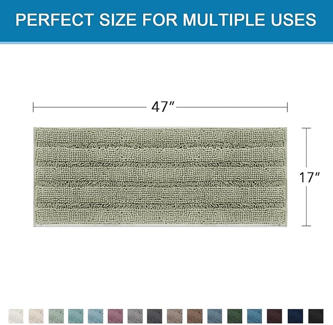 H.VERSAILTEX Bath Rugs for Bathroom Non Slip Bath Mats Thick Chenille Striped Bath Rug Runners 47" x 17" Absorbent Fluffy Soft Shaggy Mats Dry Fast Plush Area Carpet for Bath Room - Eucalyptus Green