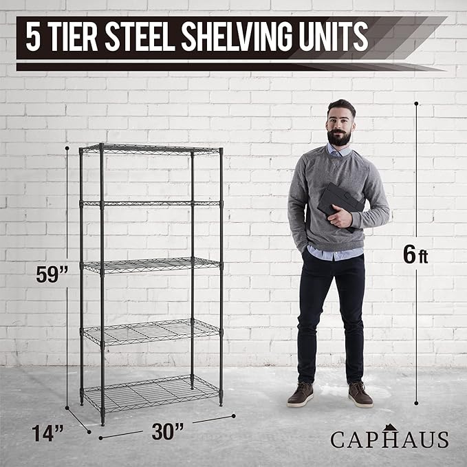 CAPHAUS 3/4/5-Tier Adjustable Height Wire Shelving Unit, Wire Rack Shelving, Metal Steel Storage Shelves, Garage Shelving Storage Organizer, Utility Storage Shelf, 5-Tier Without Wheels, Black