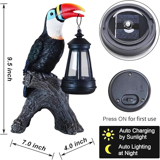 Toucan Garden Statues Decor, Solar Waterproof 9.5" Colorful Tropical Bird Sculpture with LED Lights Funny Garden Outdoor Exotic Bird Sculpture Decoration for Lawn Porch Yard Patio Tiki Bar