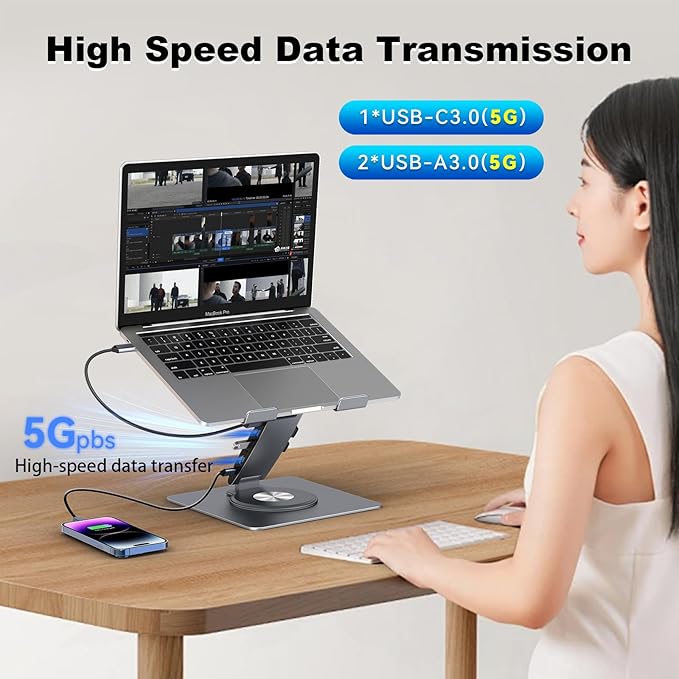 Laptop Docking Station Stand Dual Display 4K HDMI USB3.0 3.5mm Audio Jack 8-IN-1 360° Swivel Laptop Stand for Desk with USB-C Hub Multiport Adapter Universal for MacBook Pro/Air/Dell/HP/Surface/Lenovo