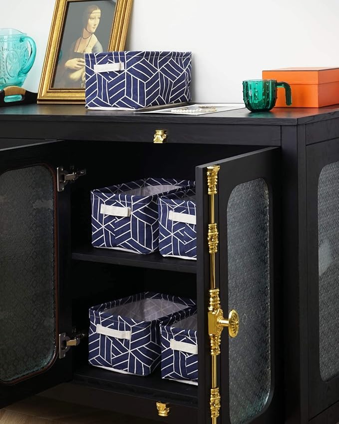 CROWNED 6 Pcs Storage Basket Foldable Cube Fabric Bins Square Mini Box Receive Organizer Rectangle Canvas with Handles for Home Office Books Small 11x8x6.3 inch Navy
