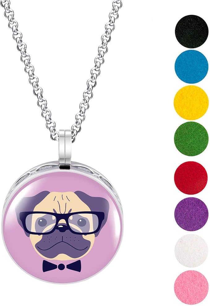 Wild Essentials Pug Enamel Finish Essential Oil Diffuser Necklace Gift Set - Includes Aromatherapy Pendant, 24" Stainless Steel Chain, 8 Color Refill Pads