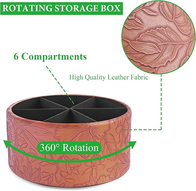 Hennaja Remote Control Holder, 360°Spinning PU Leather Desk TV Remote Caddy,Desk Storage Box Room Accessories for Controller, Media,Mail,Calculator, Mobile Phone,Pencil(1-Carved Brown)