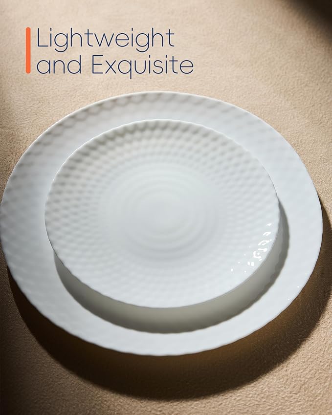 10.5 inch Dinner Plate Set of 6, Light and Durable Opal Glass Geometric Faceted White Dinnerware Plates, Dishwasher and Microwave Safe