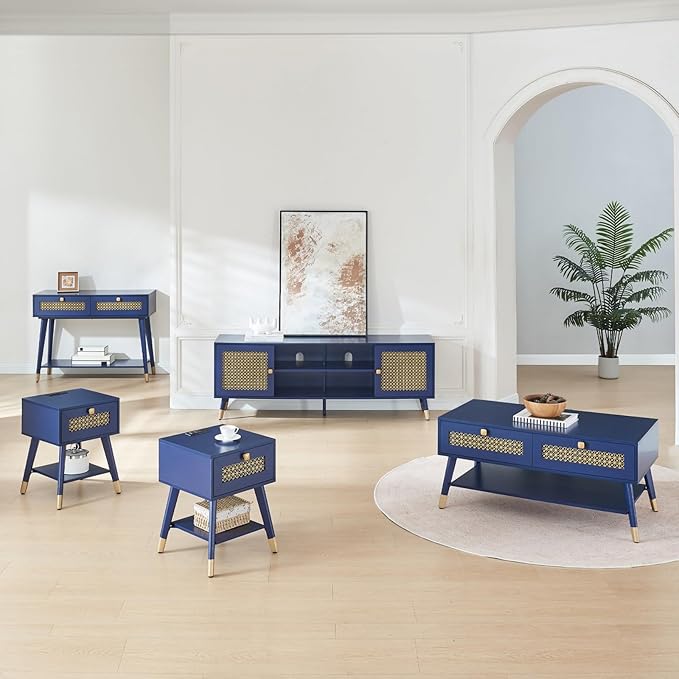 Luxury Blue TV Stand for 70 Inches TVs, Modern Fluted Entertainment Center with Storage Cabinet and Shelves, TV & Media Console with Gold Metal Mesh Doors for Living Room 66"