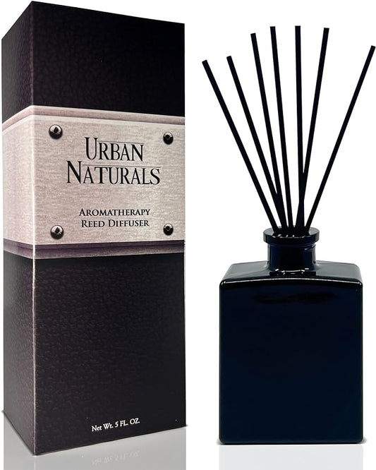 Urban Naturals Crisp Alpine Air Reed Diffuser Set with Eucalyptus, Citrus, Vanilla, Pine & Balsam Notes – 5 Ounce Sleek Black Rectangular Refillable Glass Bottle – Made in The USA
