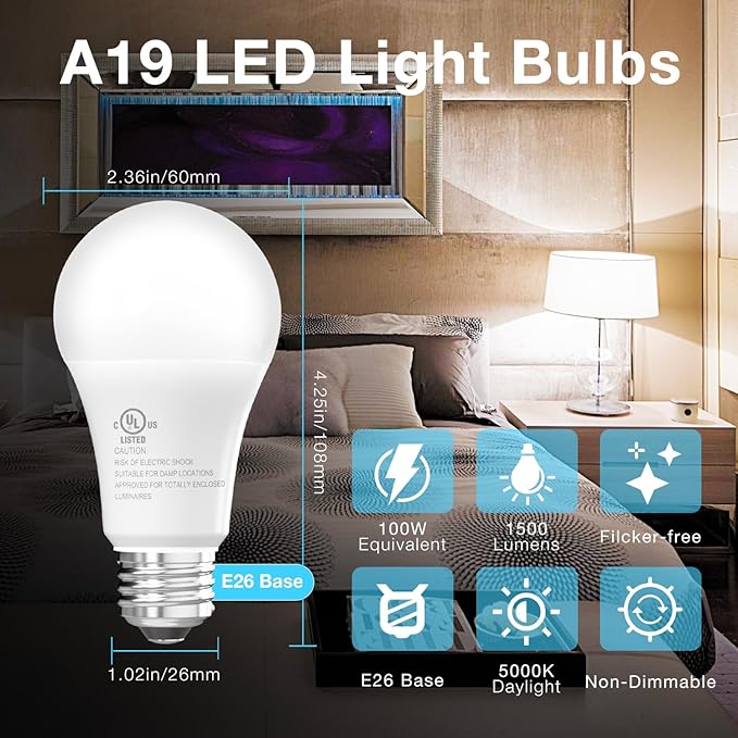 dalattin 12 Pack LED Bulbs Daylight White 5000K, 100 Watt Equivalent A19 Standard Bulbs, E26 Base, 1500 LM, Efficient 15W Energy Saving, Non-Dimmable, 80+ CRI, 120V, UL Listed, for Living Room, Office