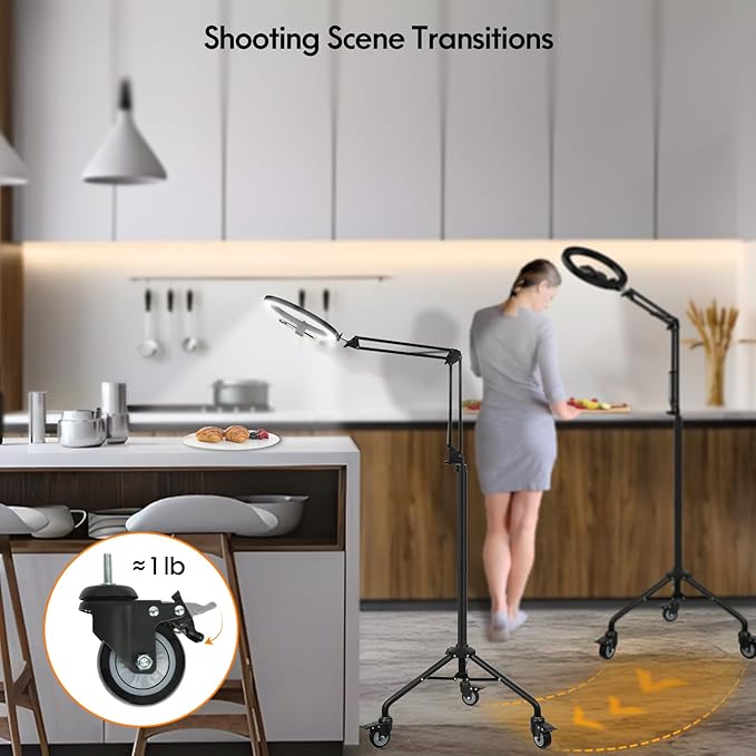 LUXSURE Ring Light Tripod for iPhone,Ring Light with Stand and Phone Holder,LED Overhead Camera Mount with Casters,Phone Tripod with Light and Remote for Video Recording/Live Stream/Cooking