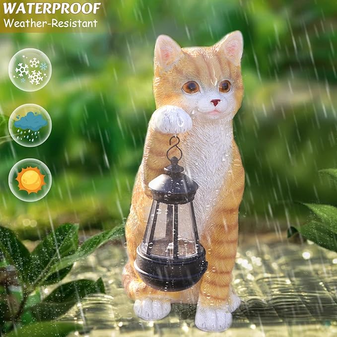 Solar Powered Outdoor Cat Garden Statue, Crafted Garden Sculptures & Statues for Patio, Yard, Lawn, Gardening Gifts for Women and Mom(11" Cat)