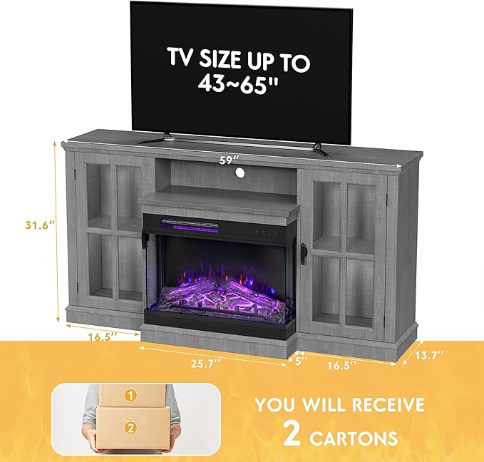 JUMMICO Fireplace TV Stand for TVs up to 65'', 3-Sided Glass Media Entertainment Center Console Table with Cabniet Storage Adjustable Flame LED Color for Living Room (Wash Grey)