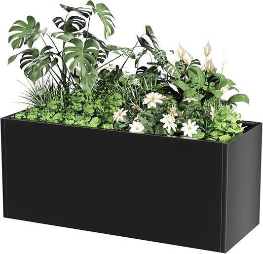 Long Metal Planter Box for Outdoor Plants 15" W x 38" L x 16.25" H, Heavy Duty Steel Rectangular Planter Box with Removable Insert Shelf, Modern Décor for Outside, Indoor, Garden (Black)
