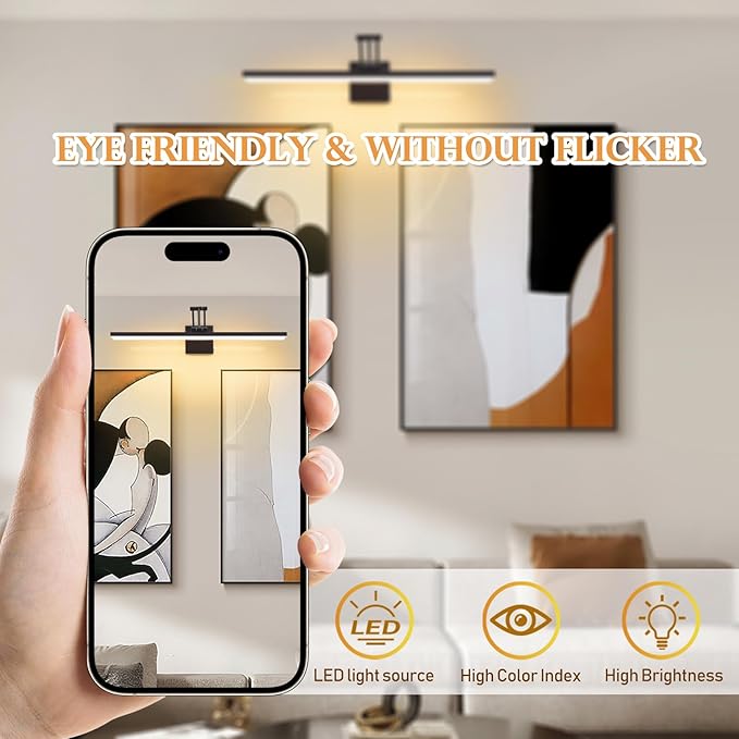 Picture Light for Wall 24" Cordless Lamp 270°Rotation Vanity Light Bar for Bathroom Over Mirror,3CCT Dimmable Art Light Led Wall Sconces for Poster,Room,Make Up,Hallway(Matte Black)