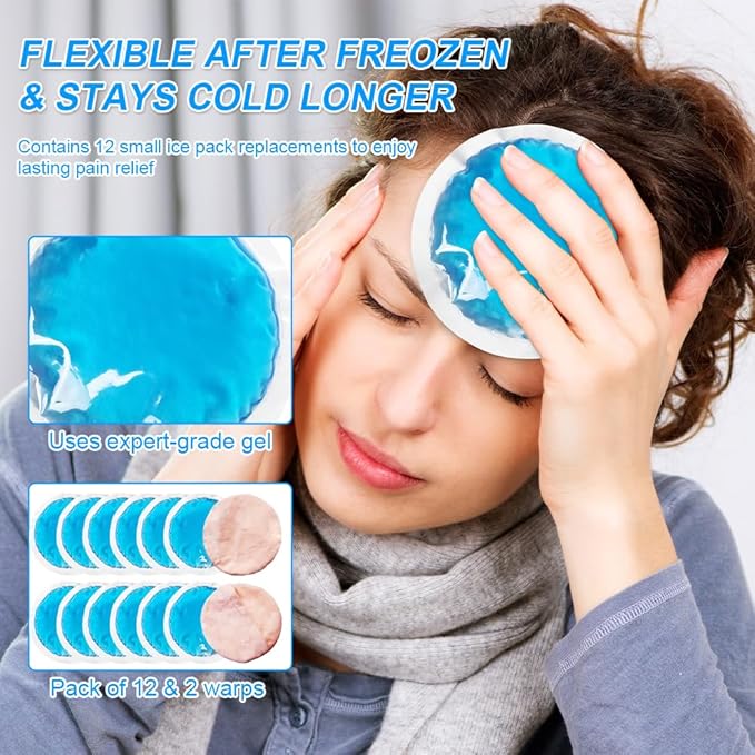 Small Round Ice Packs for Injuries, 12 Pack Soft Cosmetic Ice Packs for Face, Reusable Hot Cold Gel Pack Circular Cold Compress with 2 Wrap for Pain Relief, Toothaches, Breast Surgery, Wisdom Teeth