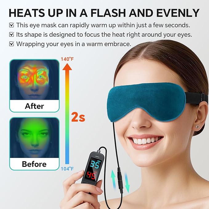 Heated Eye Mask for Dry Eyes, Stye & Migraines Relief - USB Electric Warm Compress with 20 Temp/Time Settings, Washable Flaxseed Cover for MGD, Blepharitis & Eye Strain