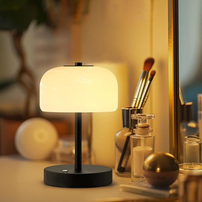 Oneach 9" Small Portable Cordless Table Lamp, 3-Way Dimmable Touch Rechargeable Battery Powered Mushroom Lamp Bedroom Dining Table Living Room Shelf Decor, Black