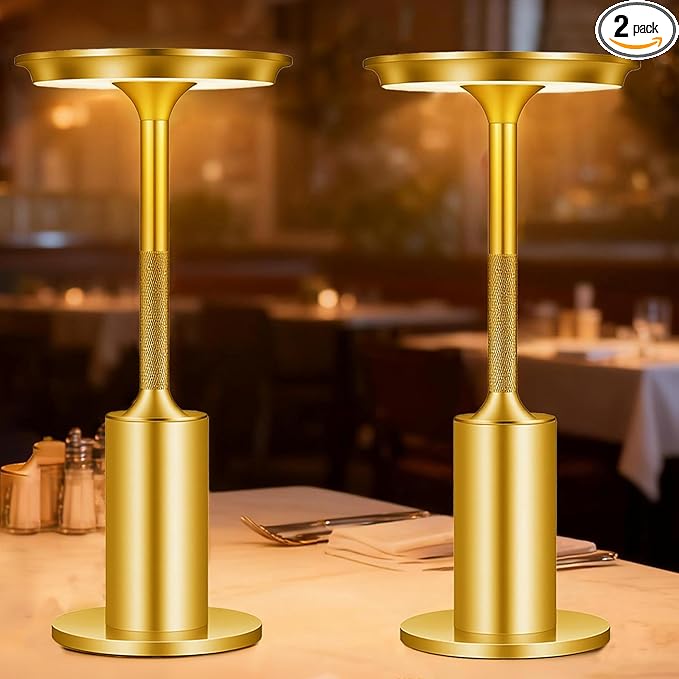 Rechargeable Cordless Table Lamps Set of 2, 6000mAh Battery Operated Outdoor Table Lamp, 3 Color Stepless Dimming Portable Touch Light for Patio,Bars,Bedroom,Dinner, Restaurant (Gold)