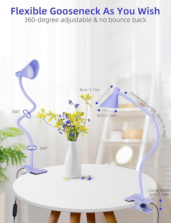 Desk Lamp Clip on Lamp for Bed Headboard LED Reading Light for Bed, 3 Colors 10 Dimmable Brightness, Book Light for Reading in Bed Flexible Neck Clip on Light Clamp Lamp for Bed Desk(Purple)